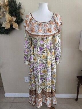 In Loom - Floral Boho Maxi Dress in Cream, Yellow & Purple - Size Medium